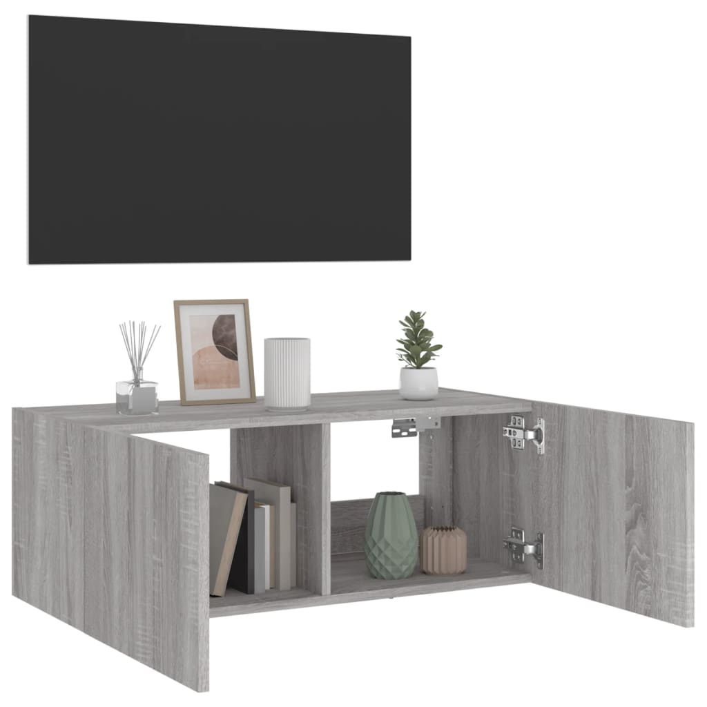 Vegghengt Tv-Benk Med Led Grå Sonoma 80X35X31 Cm