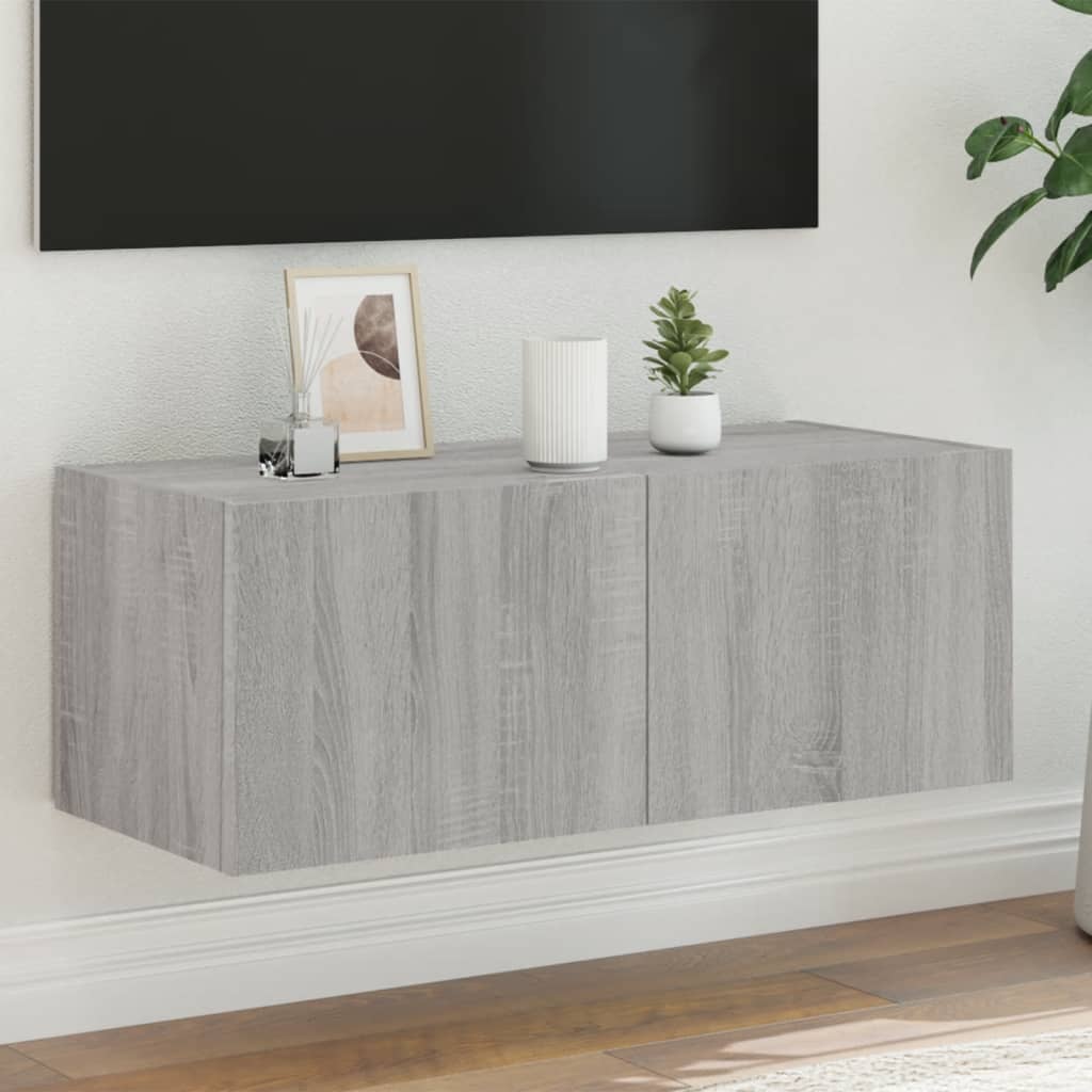 Vegghengt Tv-Benk Med Led Grå Sonoma 80X35X31 Cm