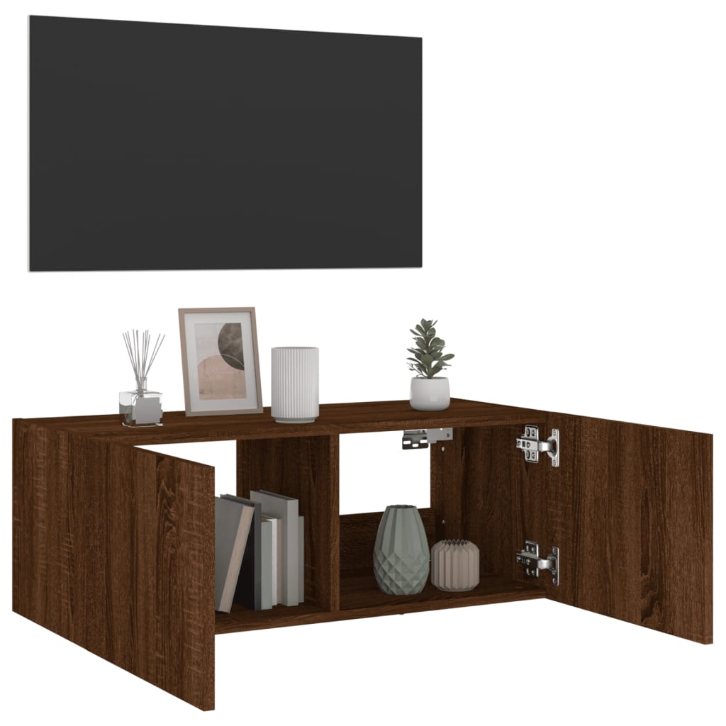 Vegghengt Tv-Benk Med Led Brun Eik 80X35X31 Cm