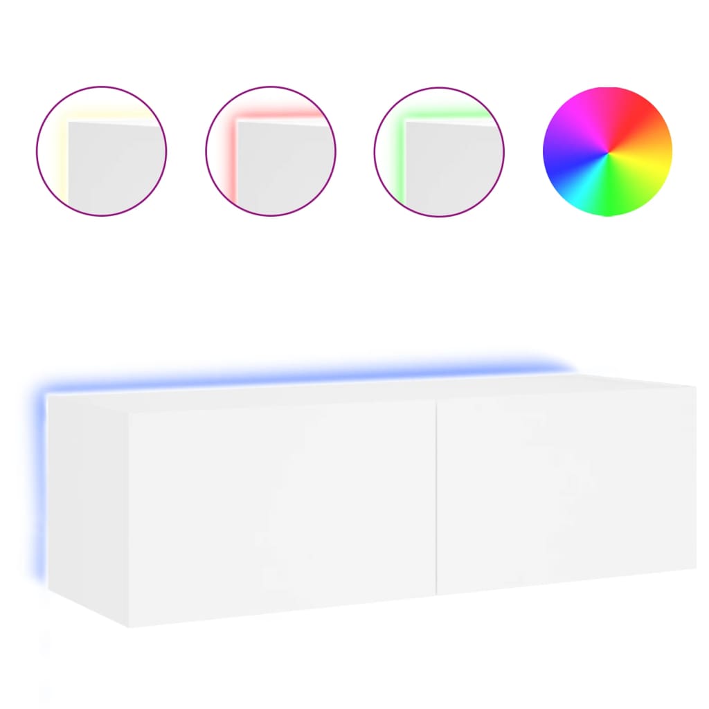 Vegghengt Tv-Benk Med Led Hvit 100X35X31 Cm