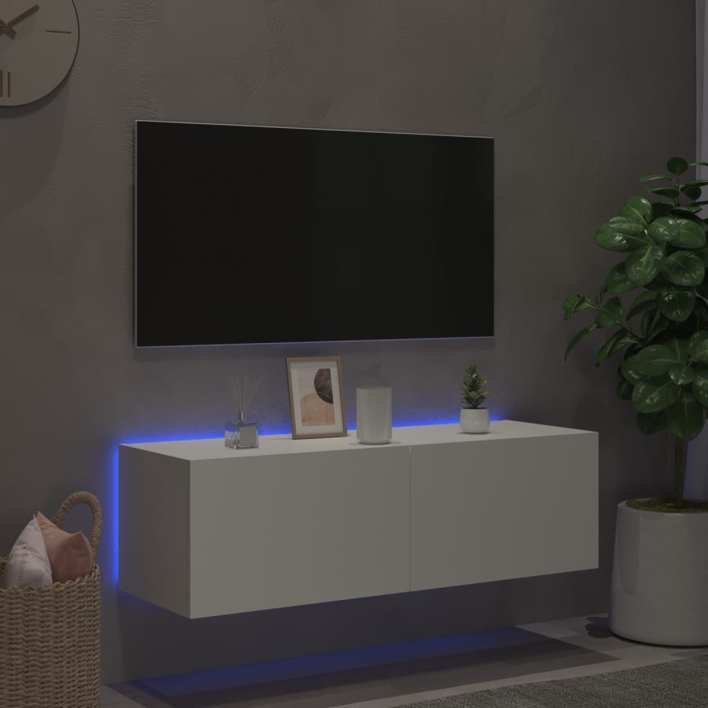 Vegghengt Tv-Benk Med Led Hvit 100X35X31 Cm