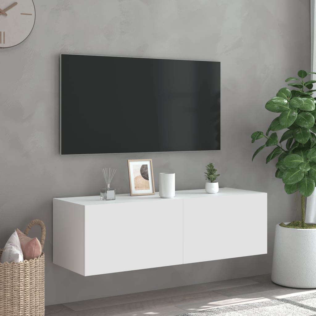 Vegghengt Tv-Benk Med Led Hvit 100X35X31 Cm