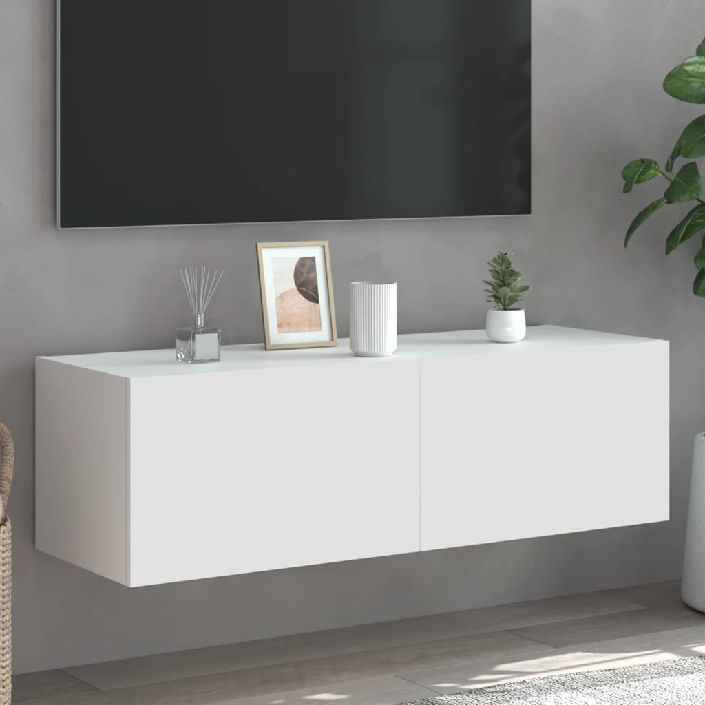 Vegghengt Tv-Benk Med Led Hvit 100X35X31 Cm