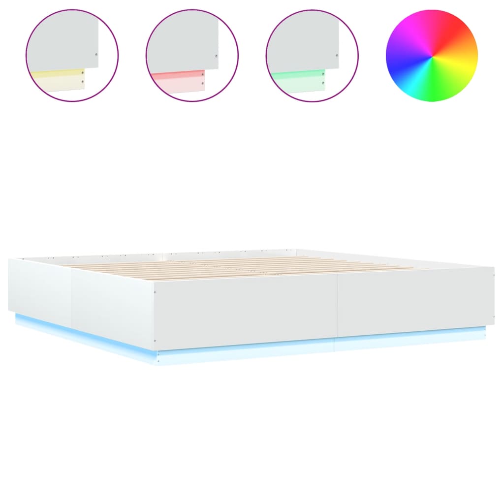 Sengeramme Med Led-Lys Hvit 200X200 Cm Konstruert Tre