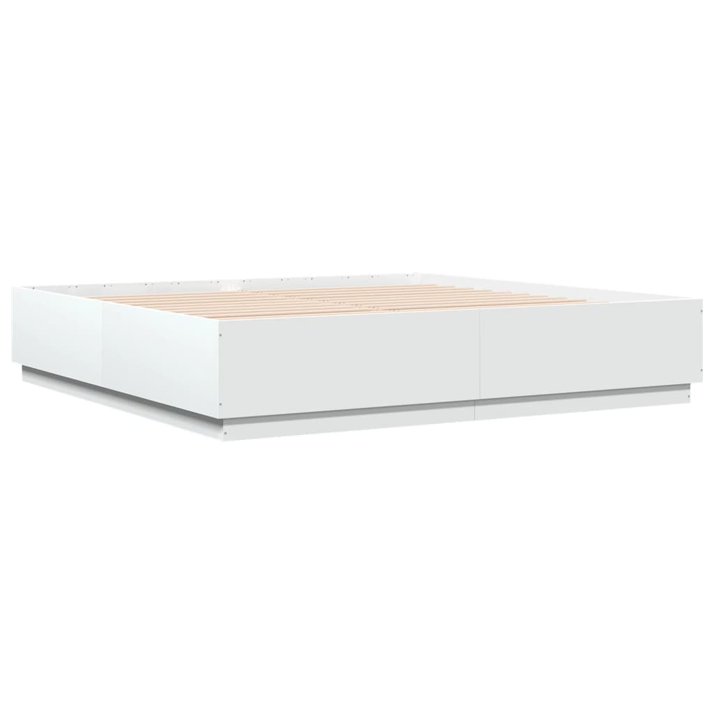 Sengeramme Med Led-Lys Hvit 200X200 Cm Konstruert Tre