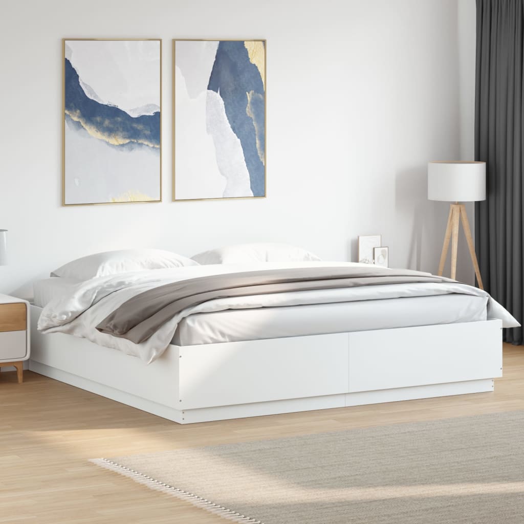 Sengeramme Med Led-Lys Hvit 200X200 Cm Konstruert Tre