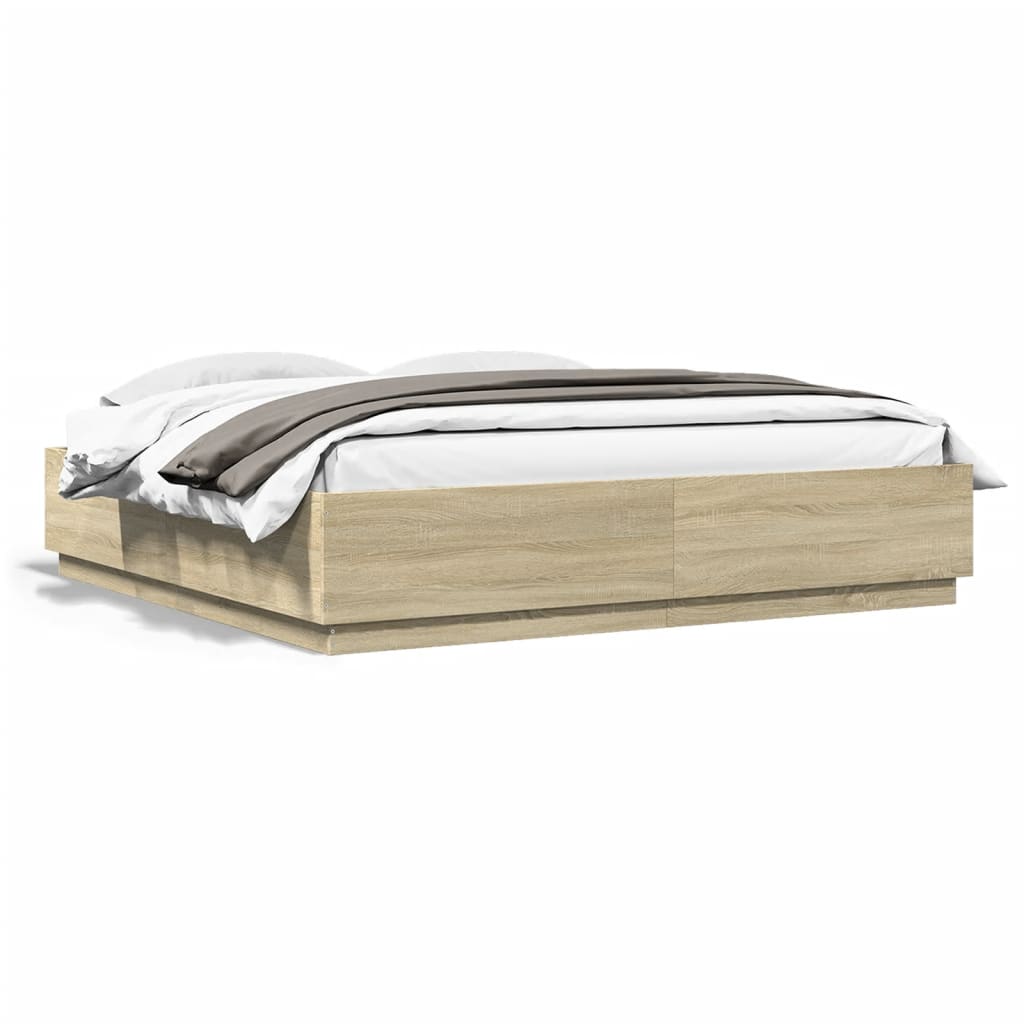 Sengeramme Med Led-Lys Sonoma Eik 200X200 Cm Konstruert Tre