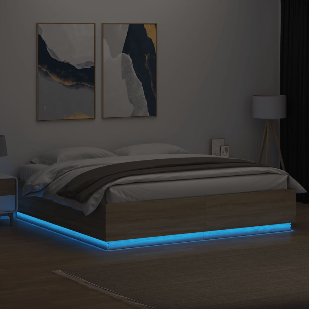 Sengeramme Med Led-Lys Sonoma Eik 180X200 Cm Konstruert Tre