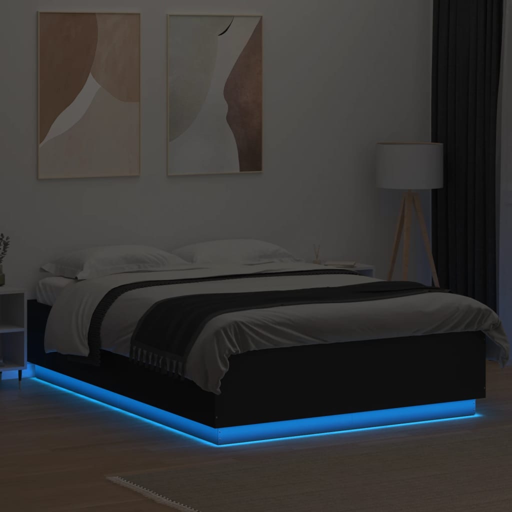 Sengeramme Med Led-Lys Svart 160X200 Cm Konstruert Tre
