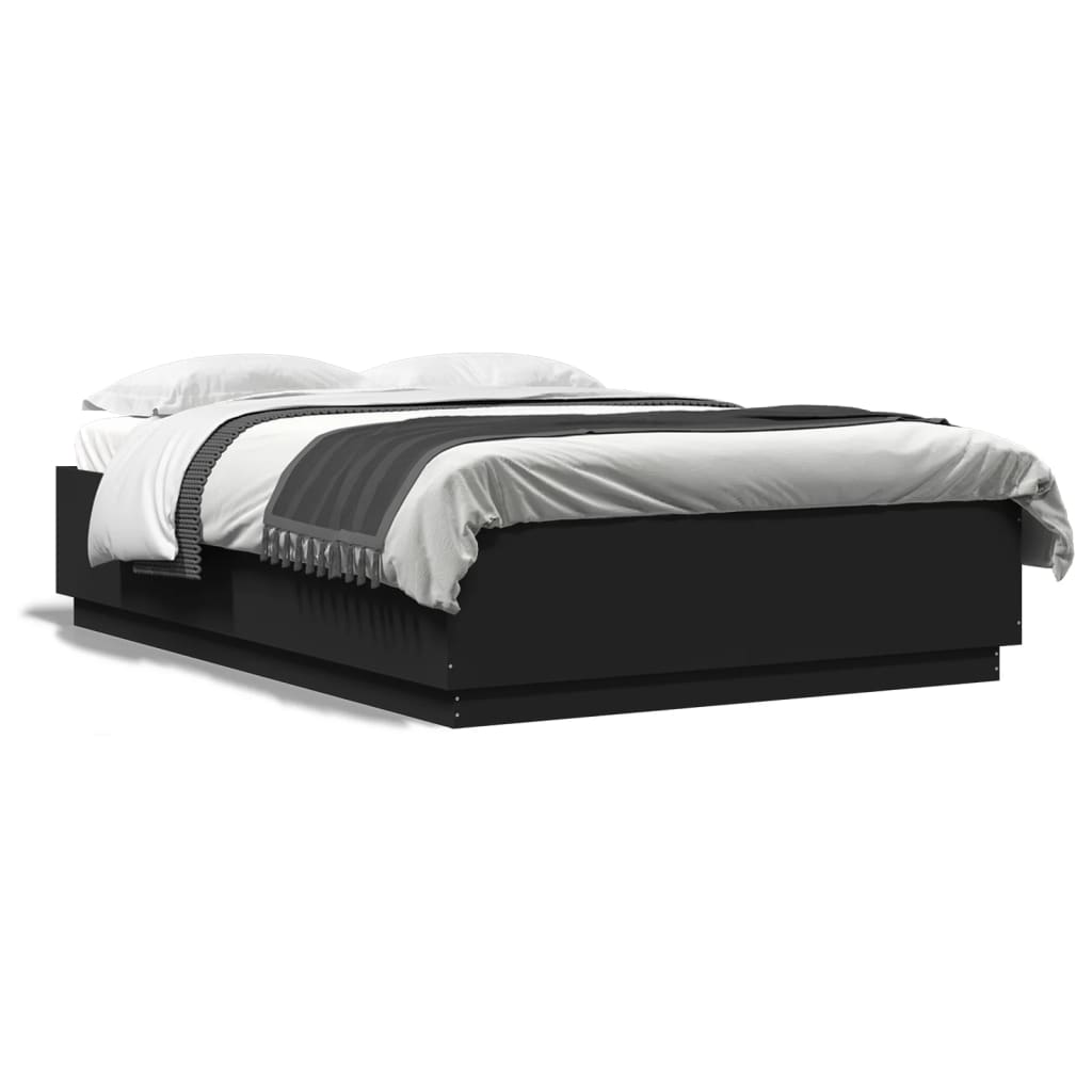 Sengeramme Med Led-Lys Svart 160X200 Cm Konstruert Tre