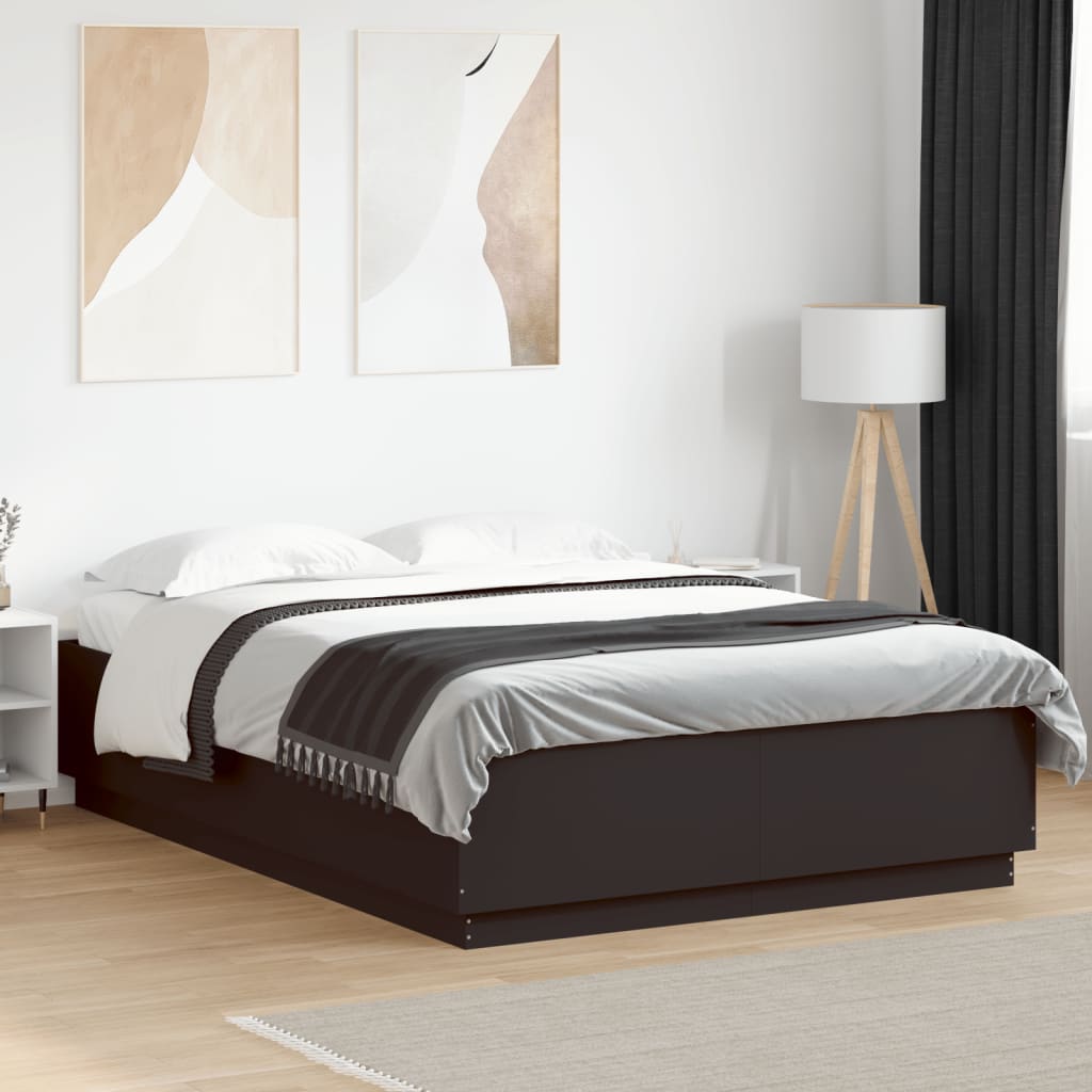 Sengeramme Med Led-Lys Svart 160X200 Cm Konstruert Tre