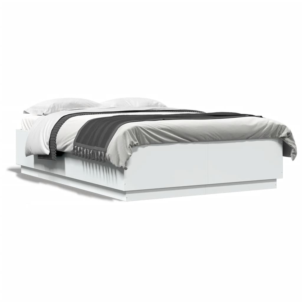 Sengeramme Med Led-Lys Hvit 150X200 Cm Konstruert Tre