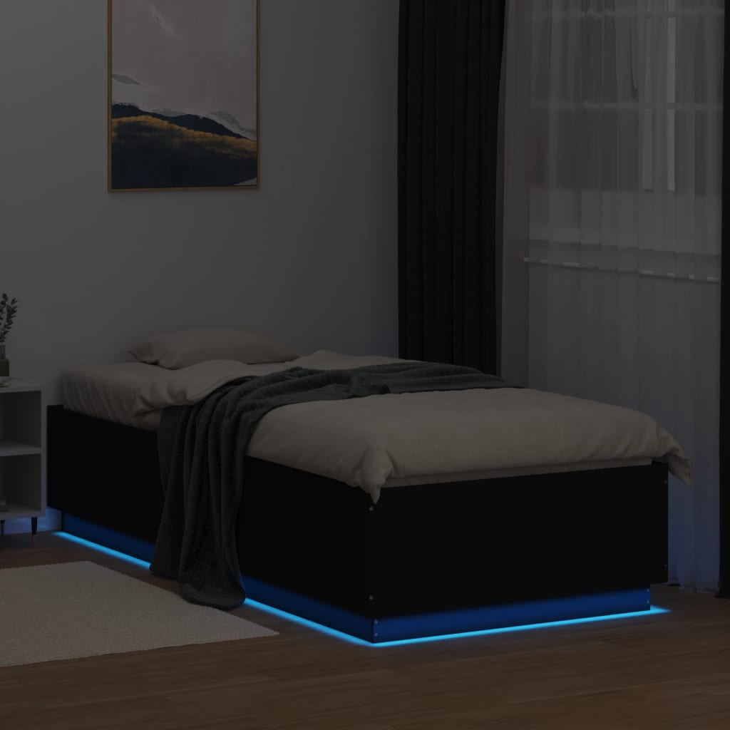 Sengeramme Med Led-Lys Svart 100X200 Cm Konstruert Tre