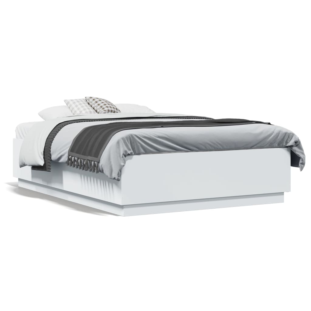 Sengeramme Med Led-Lys Hvit 135X190 Cm Konstruert Tre