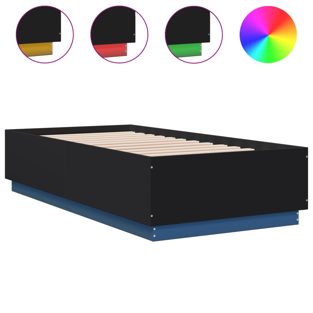 Sengeramme Med Led-Lys Svart 90X190 Cm Konstruert Tre