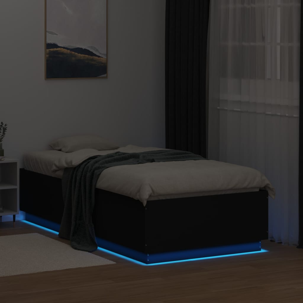 Sengeramme Med Led-Lys Svart 90X190 Cm Konstruert Tre
