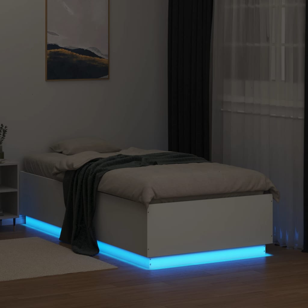 Sengeramme Med Led-Lys Hvit 75X190 Cm Konstruert Tre
