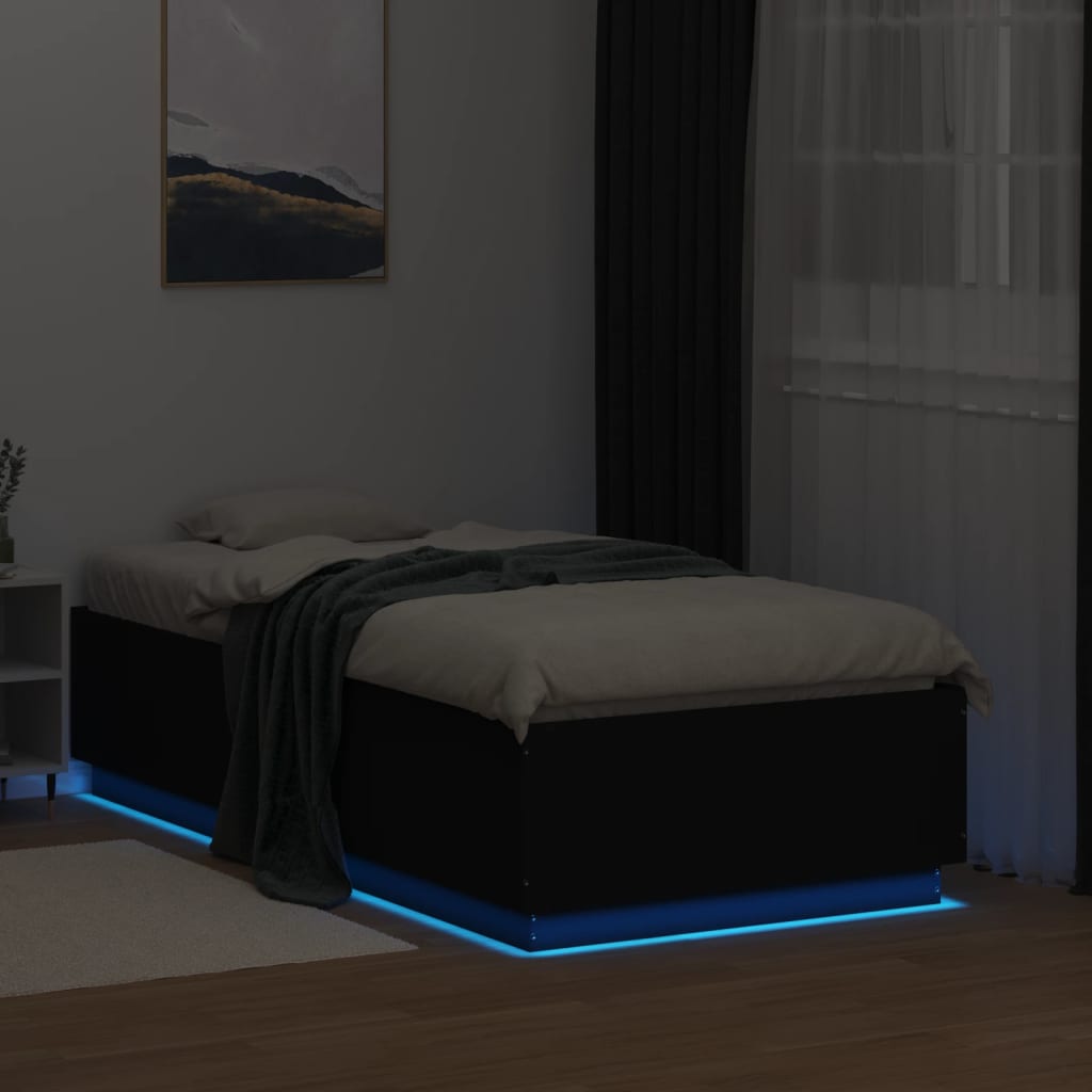Sengeramme Med Led-Lys Svart 75X190 Cm Konstruert Tre