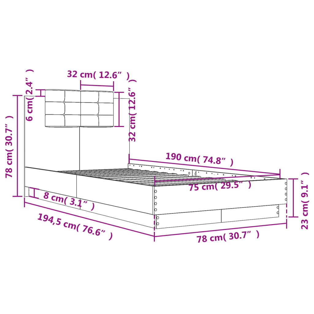 Sengeramme Med Hodegavl Hvit 75X190 Cm Konstruert Tre