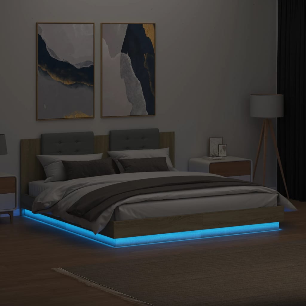 Sengeramme Med Hodegavl Og Led-Lys Sonoma Eik 200X200 Cm