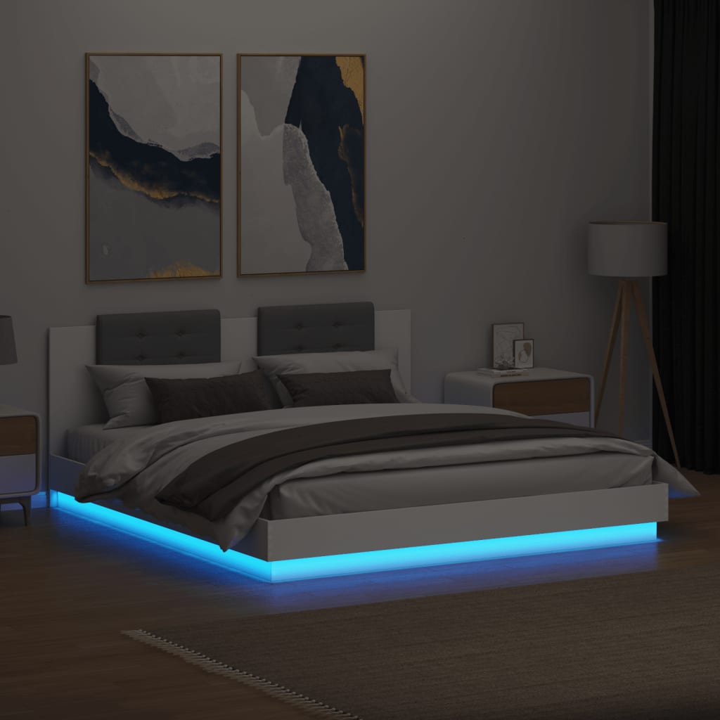 Sengeramme Med Hodegavl Og Led-Lys Hvit 180X200 Cm