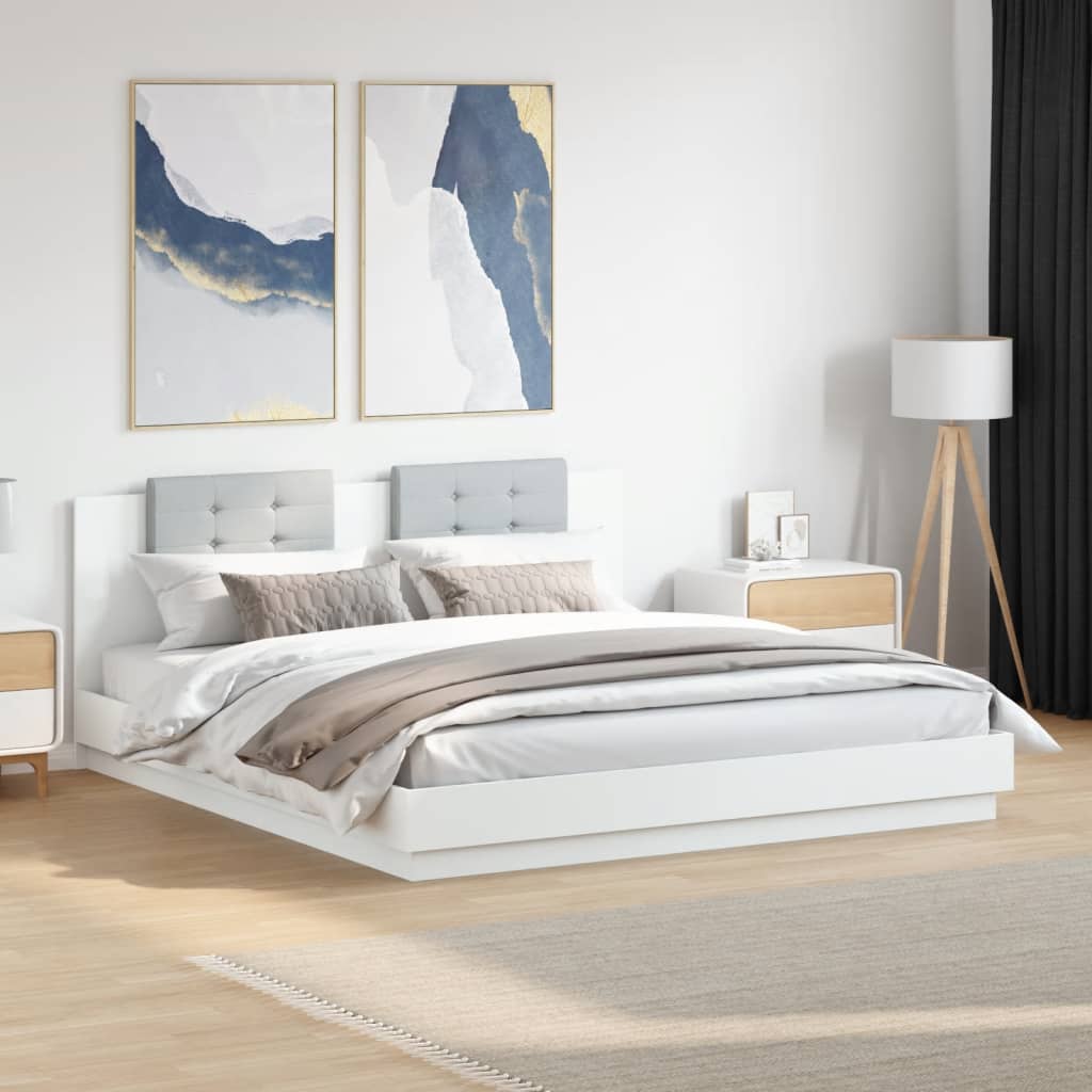 Sengeramme Med Hodegavl Og Led-Lys Hvit 180X200 Cm