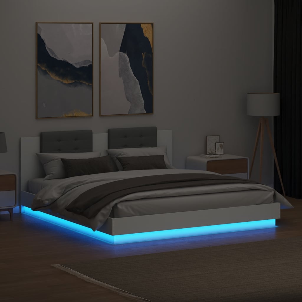 Sengeramme Med Hodegavl Og Led-Lys Hvit 160X200 Cm