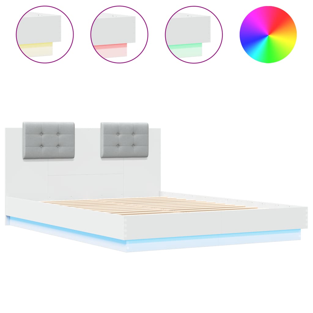 Sengeramme Med Sengegavl Og Led-Lys Hvit 150X200 Cm