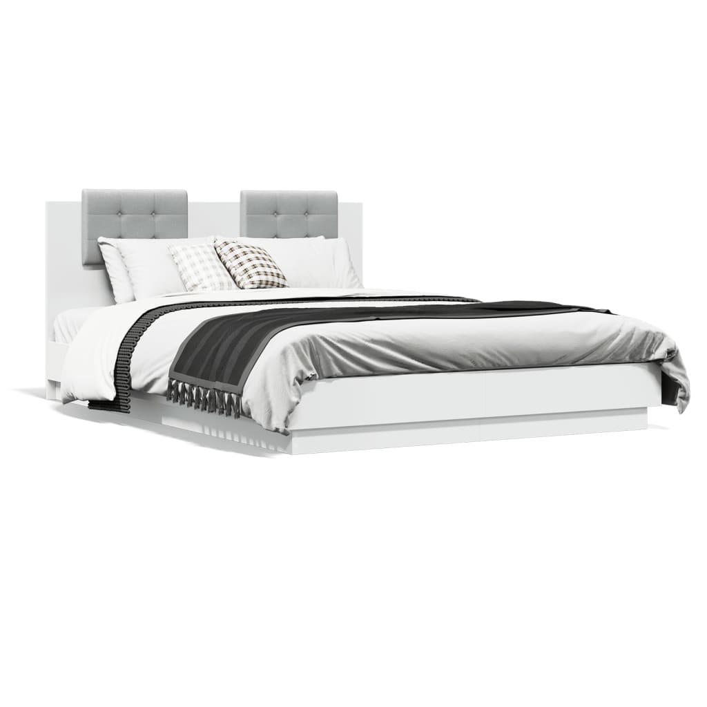 Sengeramme Med Sengegavl Og Led-Lys Hvit 150X200 Cm