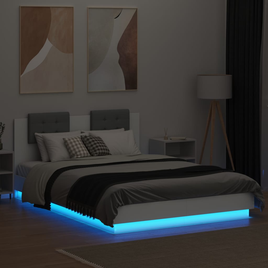 Sengeramme Med Hodegavl Og Led-Lys Hvit 140X200 Cm