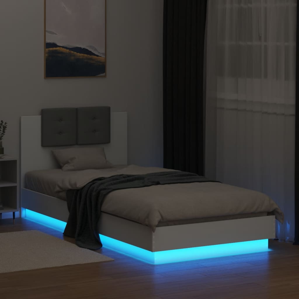 Sengeramme Med Hodegavl Og Led-Lys Hvit 100X200 Cm