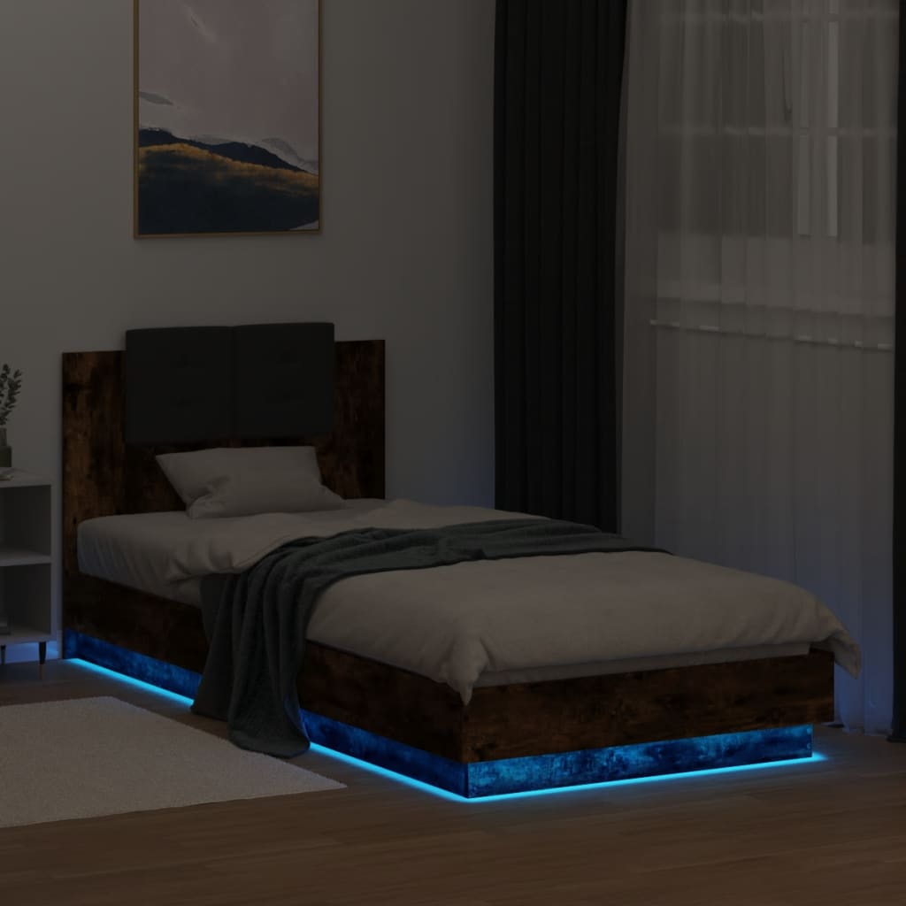 Sengeramme Med Hodegavl Og Led-Lys Røkt Eik 100X200 Cm