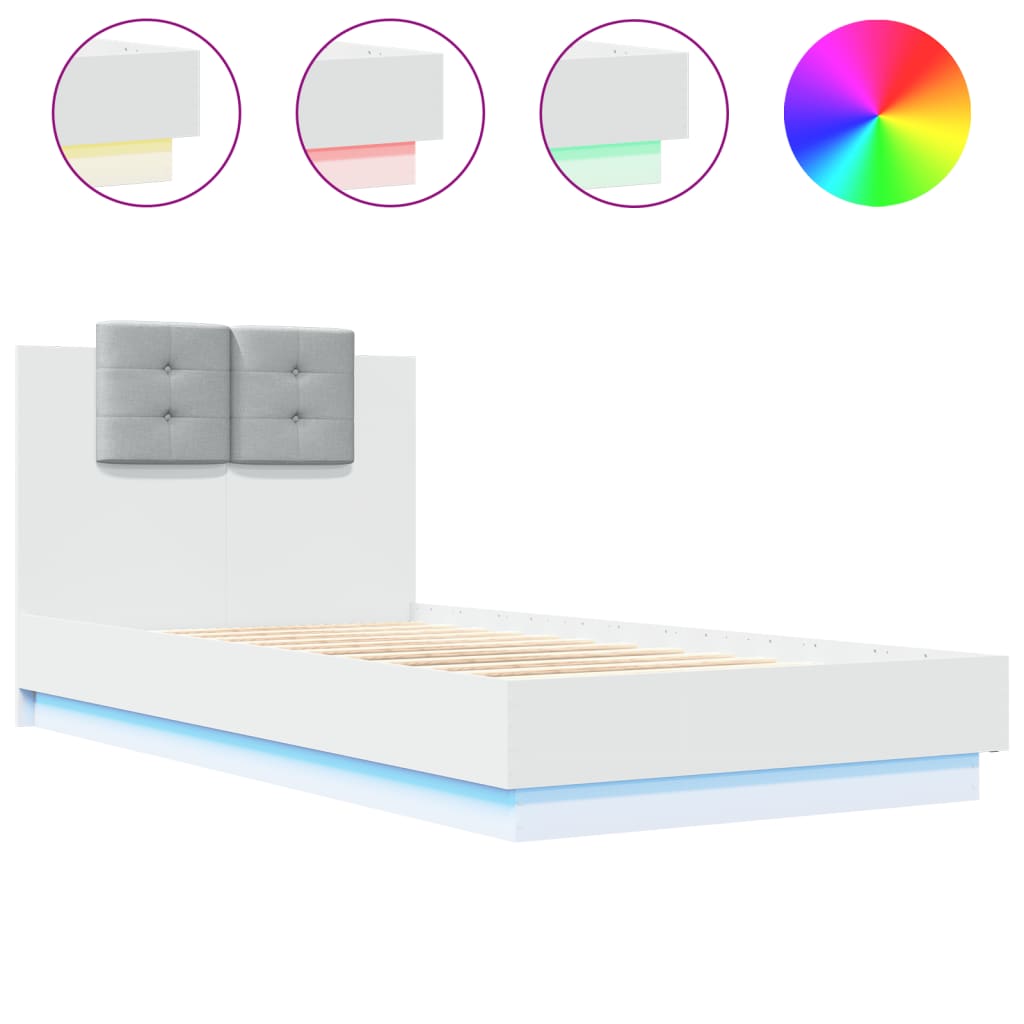 Sengeramme Med Hodegavl Og Led-Lys Hvit 90X190 Cm