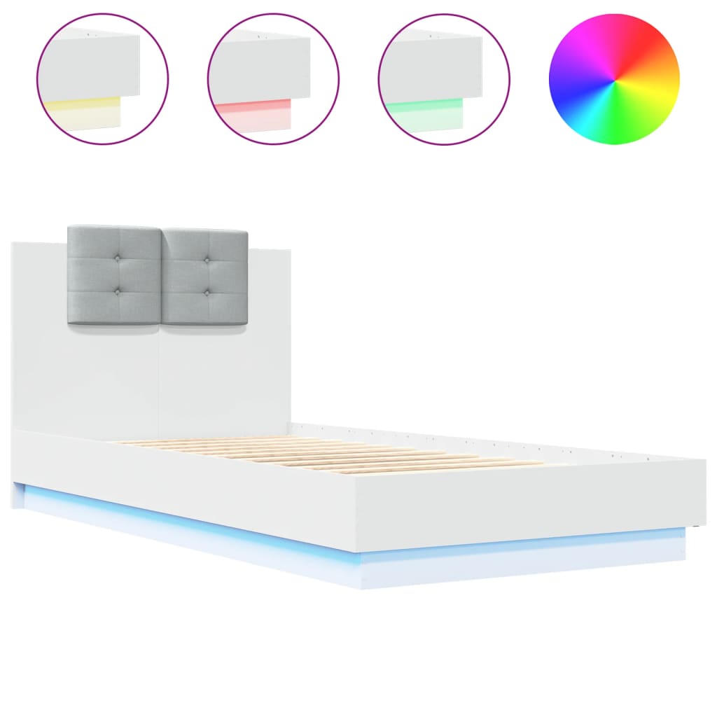 Sengeramme Med Hodegavl Og Led-Lys Hvit 75X190 Cm