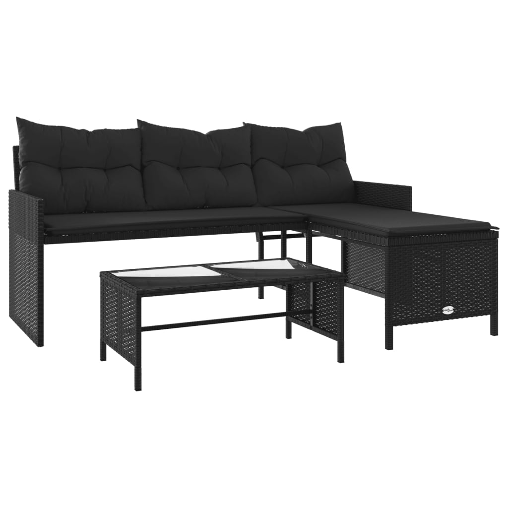 Hagesofa Med Bord Og Puter L-Formet Svart Polyrotting