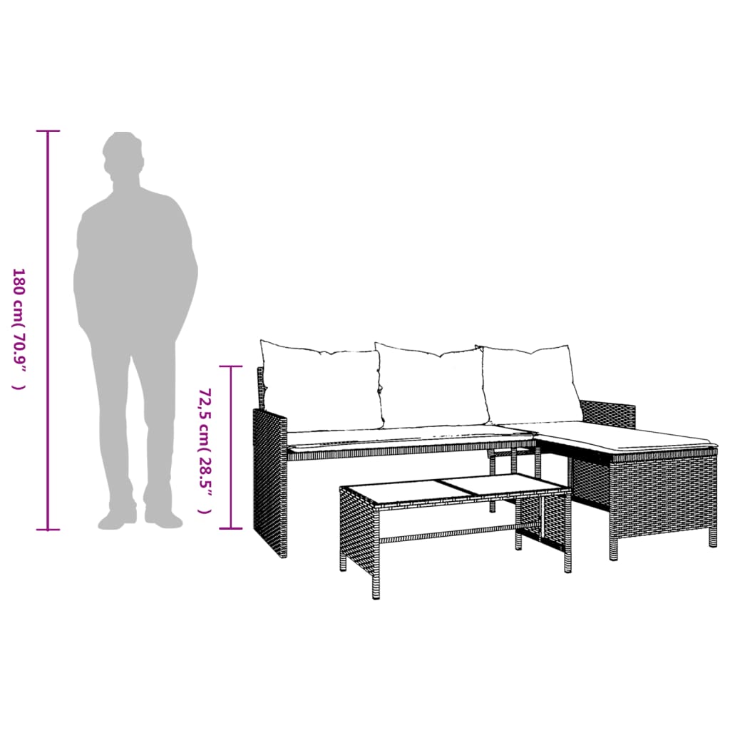 Hagesofa Med Bord Og Puter L-Formet Svart Polyrotting