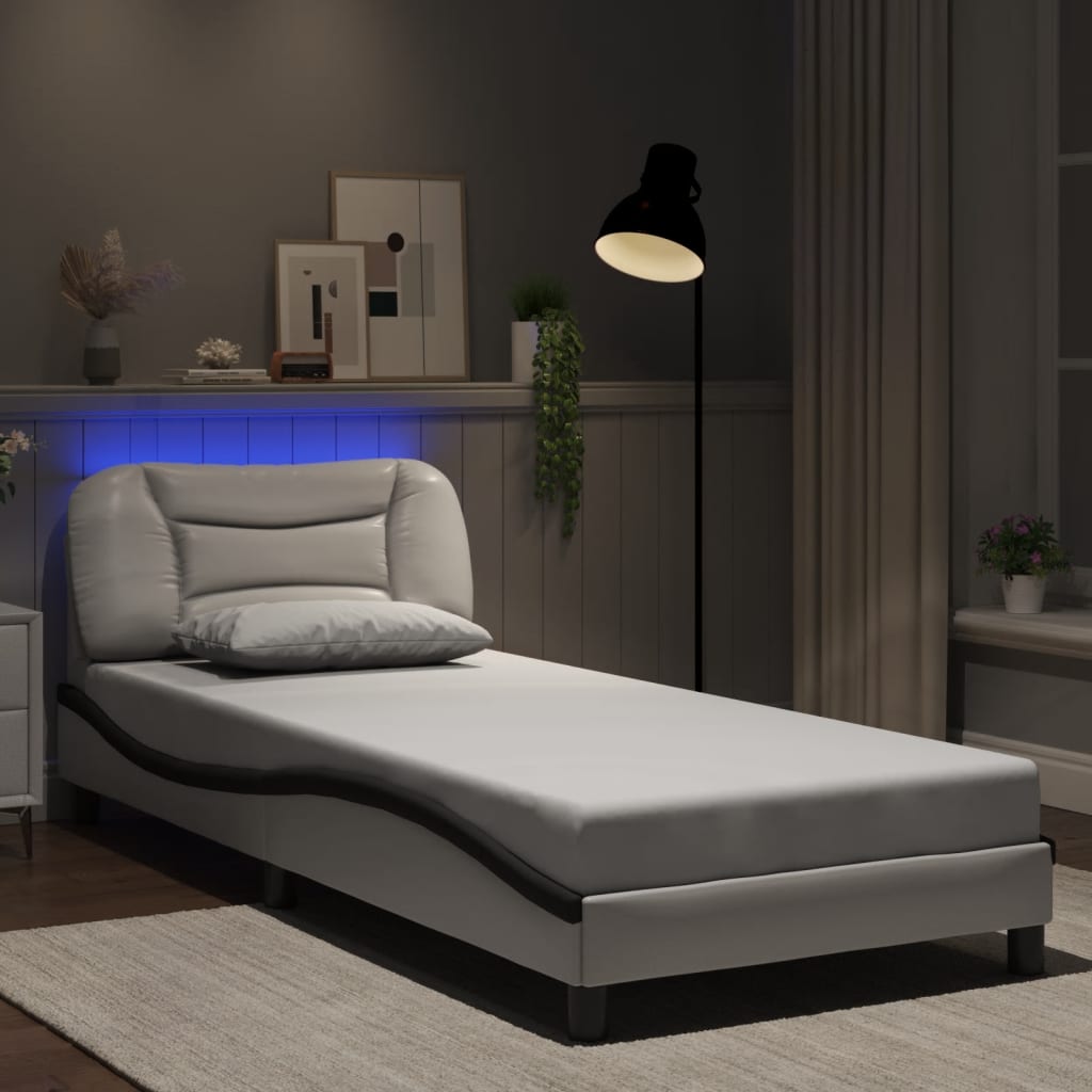 Sengeramme Med Led-Lys Hvit Og Svart 90X200 Cm Kunstig Lær