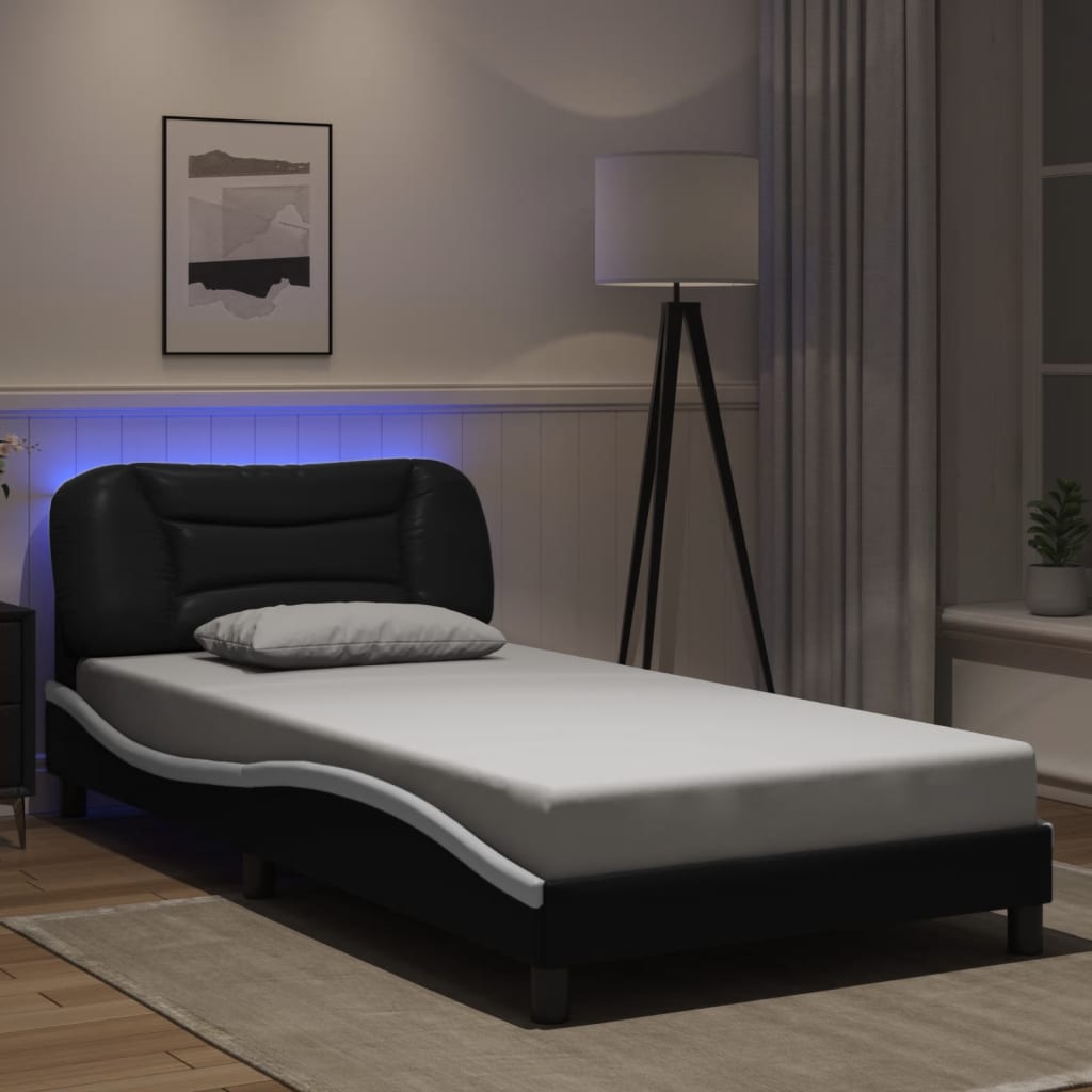 Sengeramme Med Led-Lys Svart Og Hvit 100X200 Cm Kunstig Lær