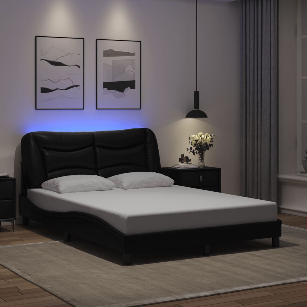 Sengeramme Med Led-Lys Svart 140X200 Cm Kunstig Lær