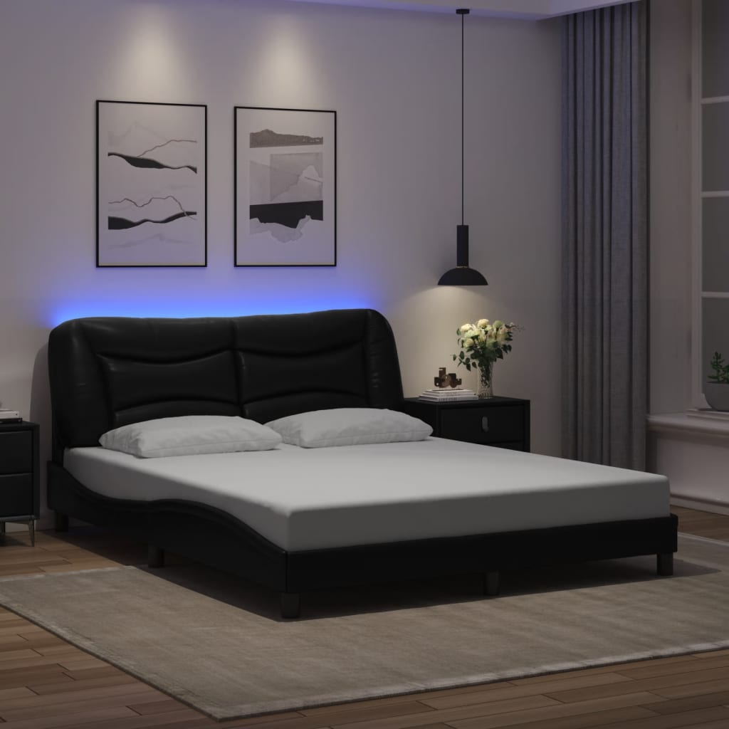 Sengeramme Med Led-Lys Svart 160X200 Cm Kunstig Lær