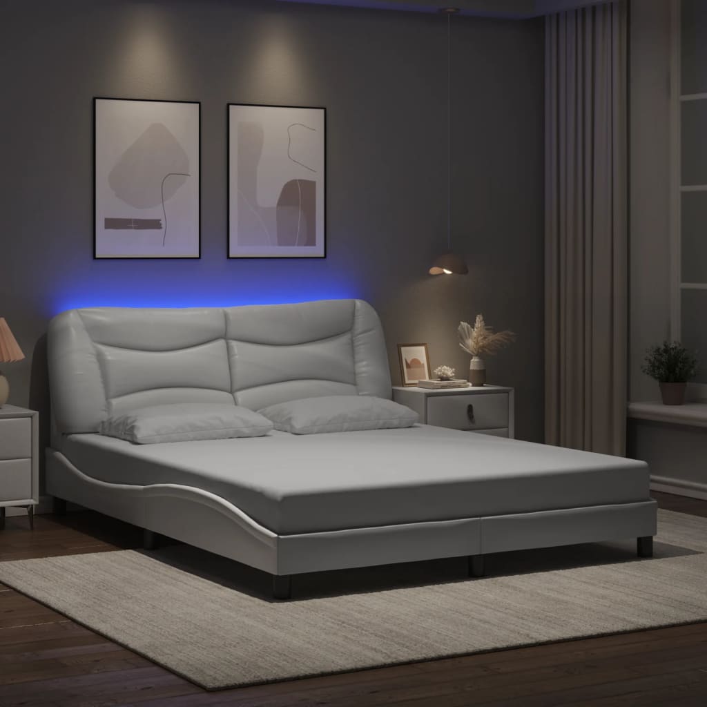 Sengeramme Med Led-Lys Hvit 160X200 Cm Kunstig Lær