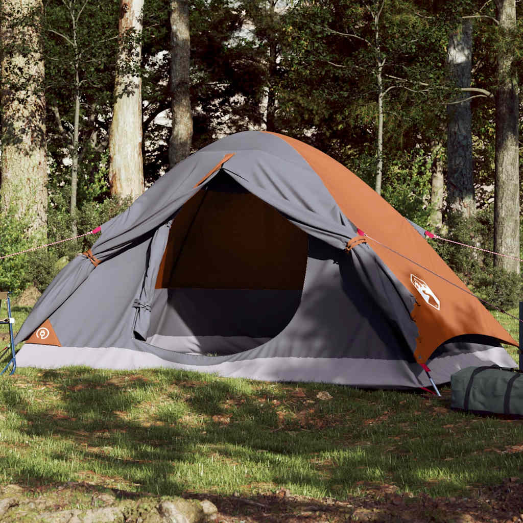 Kuppeltelt For Camping 4 Personer Grå Og Oransje Vanntett