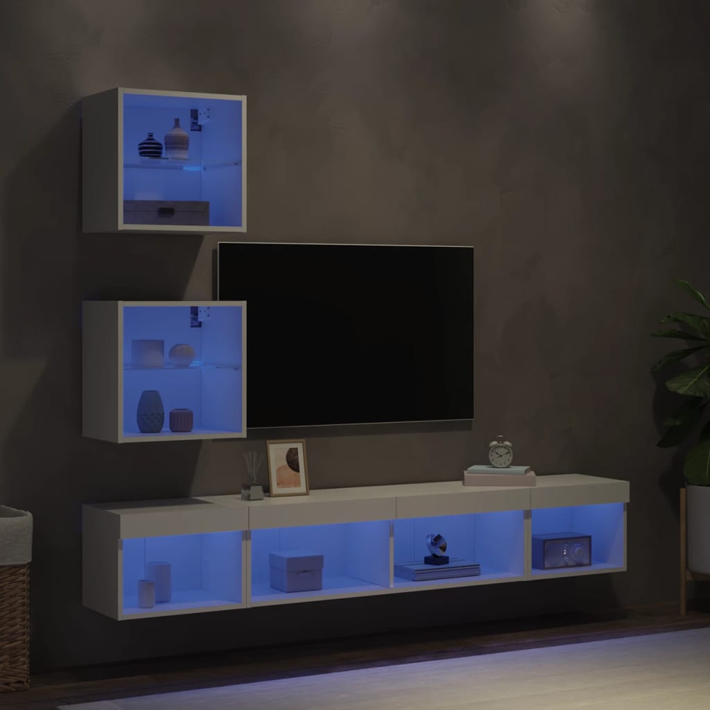 Vegghengte Tv-Enheter Med Led 5 Deler Hvit Konstruert Tre