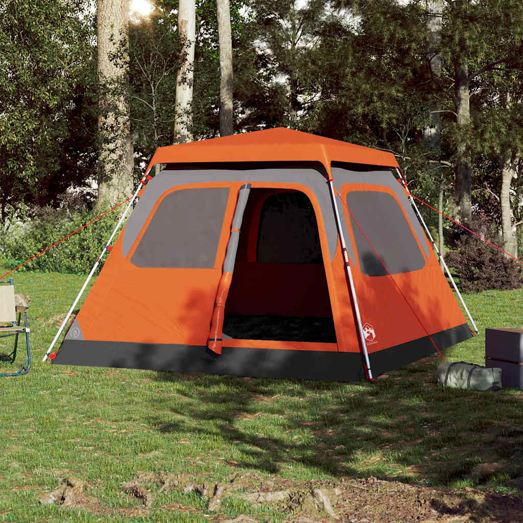 Kuppeltelt For Camping 6 Personer Grå Og Oransje Hurtigutløser