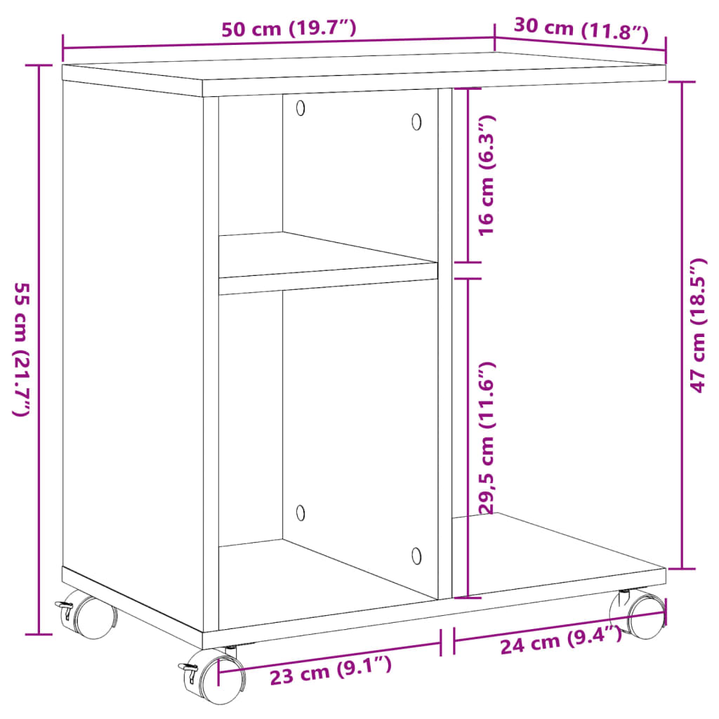 Sidebord Med Hjul Røkt Eik 50X30X55 Cm Konstruert Tre