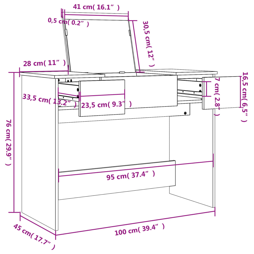 Sminkebord Med Speil Betonggrå 100X45X76 Cm