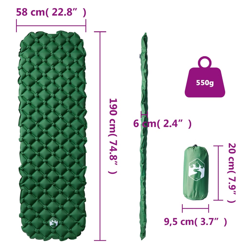 Oppblåsende Campingmadrass For 1 Person Grønn 190X58X6 Cm
