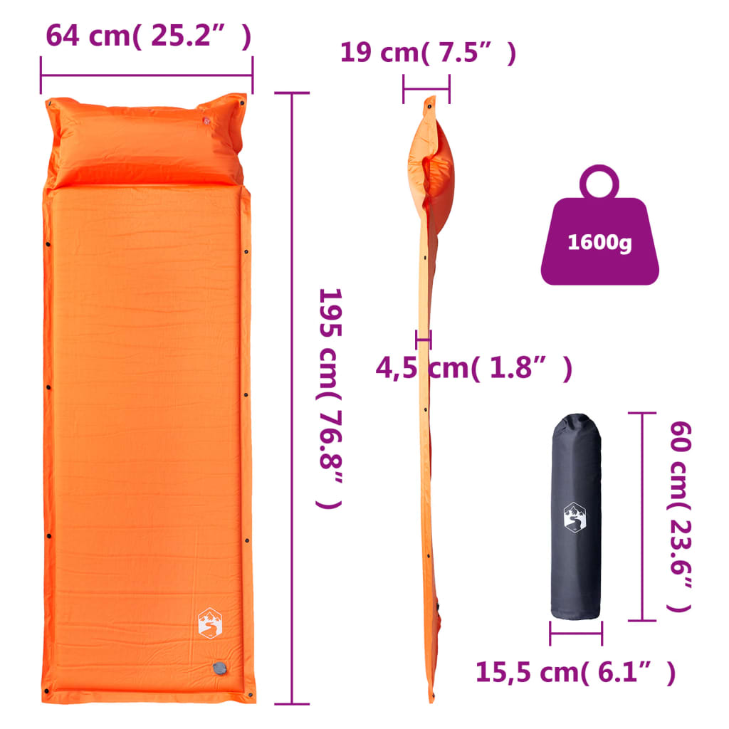 Selvoppblåsende Campingmadrass Med Pute For 1 Person Oransje