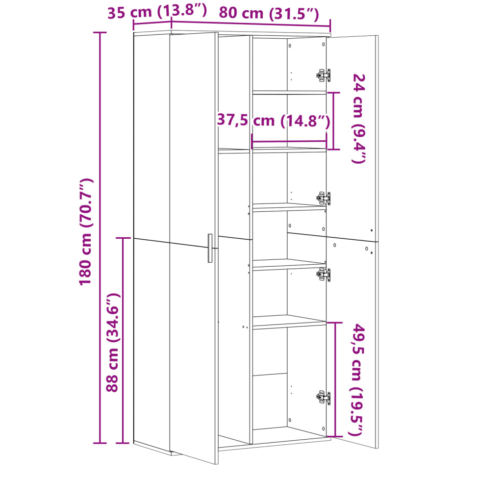 Highboard Sonoma Eik 80X35X180 Cm Konstruert Tre