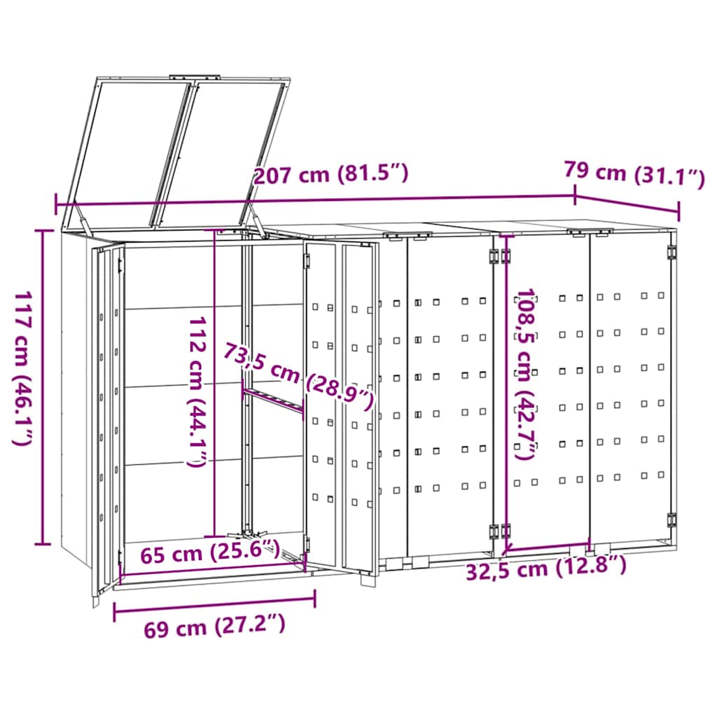 Søppeldunkskur For 3 Dunker Grå 207X79X117 Cm Stål